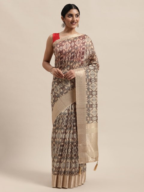 

PACHE Brown & Cream-Coloured Printed Zari Saree