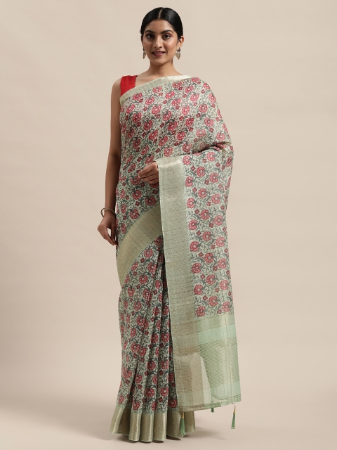 

PACHE Sea Green & Pink Floral Printed Zari Saree