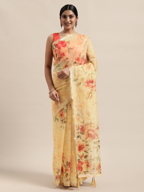 

PACHE Yellow & Red Floral Printed Zari Organza Saree