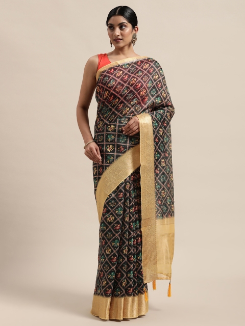 

PACHE Navy Blue & Yellow Ethnic Motifs Printed Silk Cotton Chanderi Saree