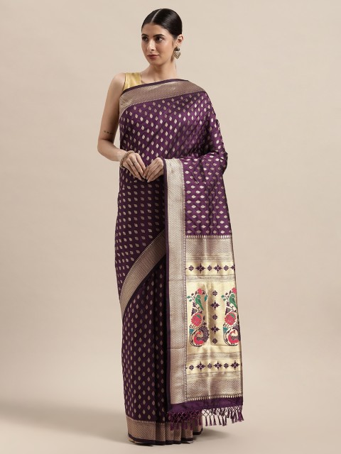 

PACHE Purple & Golden Ethnic Motifs Zari Art Silk Kanjeevaram Saree