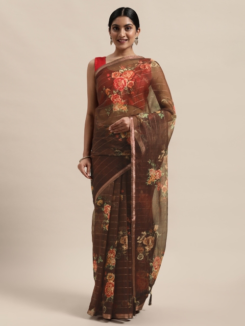 

PACHE Brown & Red Floral Printed Zari Organza Saree