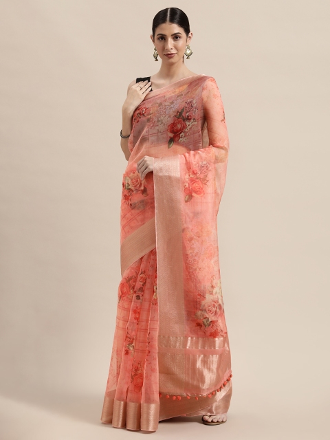 

PACHE Peach-Coloured & Gold-Toned Floral Zari Organza Saree