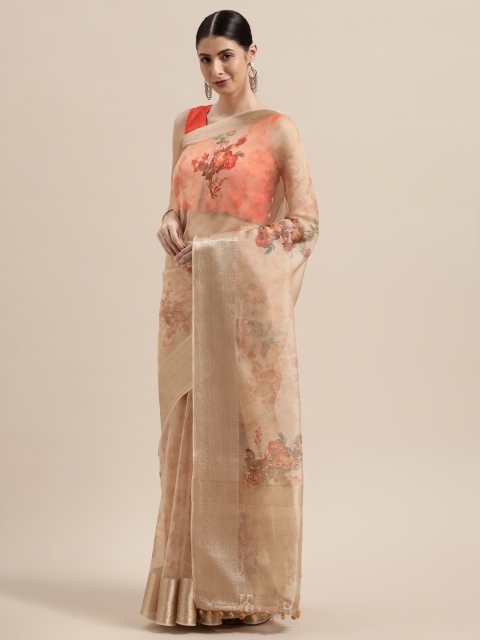 

PACHE Peach-Coloured Floral Printed Organza Saree
