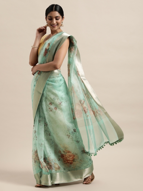 

PACHE Sea Green & Red Floral Printed Organza Saree