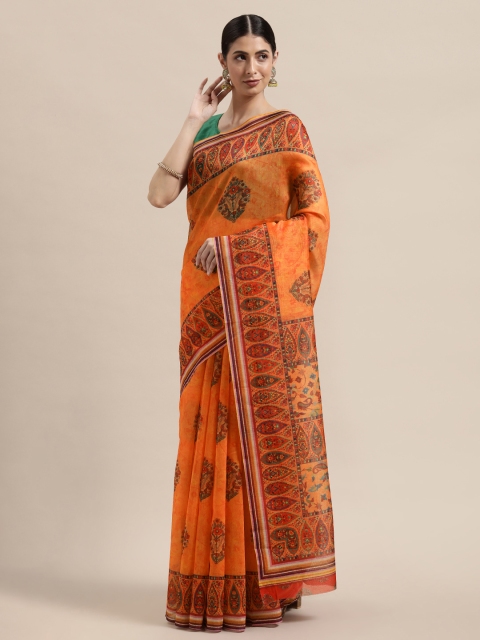 

PACHE Orange & Green Floral Silk Cotton Chanderi Saree