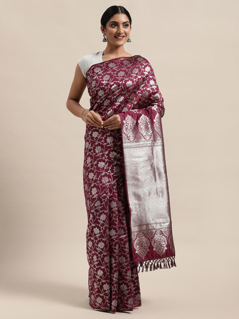 

PACHE Burgundy & Silver-Toned Floral Zari Art Silk Banarasi Saree