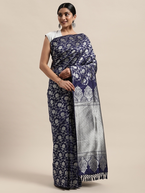 

PACHE Navy Blue & Silver-Toned Floral Zari Art Silk Banarasi Saree