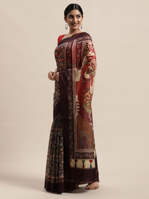

PACHE Navy Blue & Rust Orange Floral Printed Silk Cotton Chanderi Saree