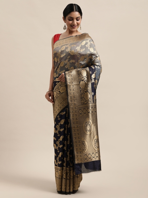 

PACHE Blue & Gold-Toned Floral Zari Art Silk Banarasi Saree