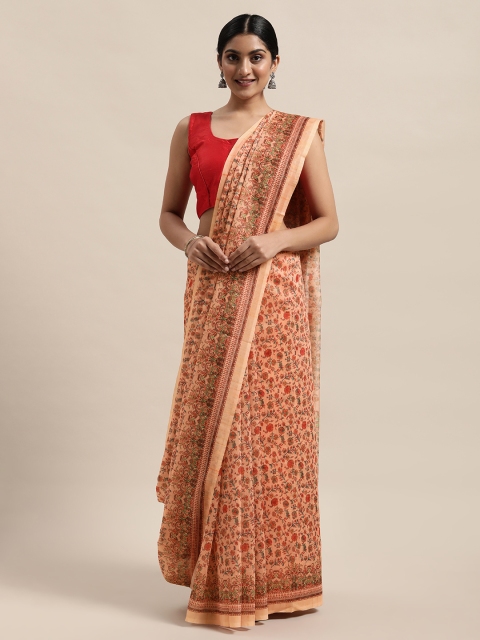 

PACHE Peach-Coloured & Rust Orange Floral Printed Silk Cotton Chanderi Saree