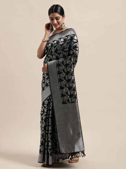 

PACHE Black & Silver-Toned Floral Zari Art Silk Banarasi Saree