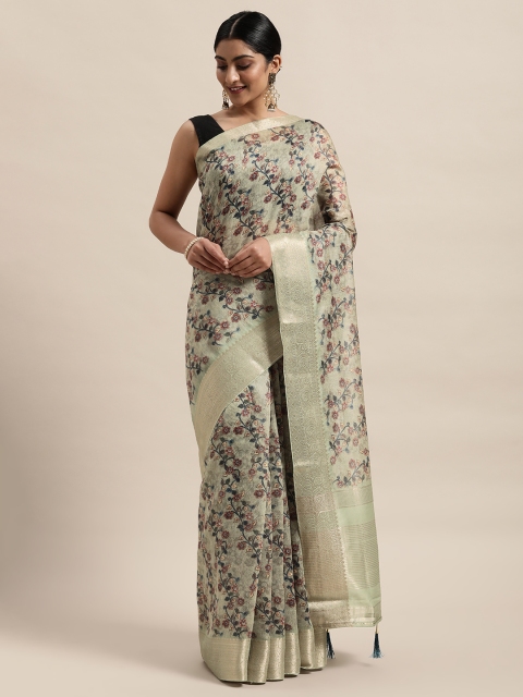 

PACHE Beige & Red Floral Printed Silk Cotton Chanderi Saree