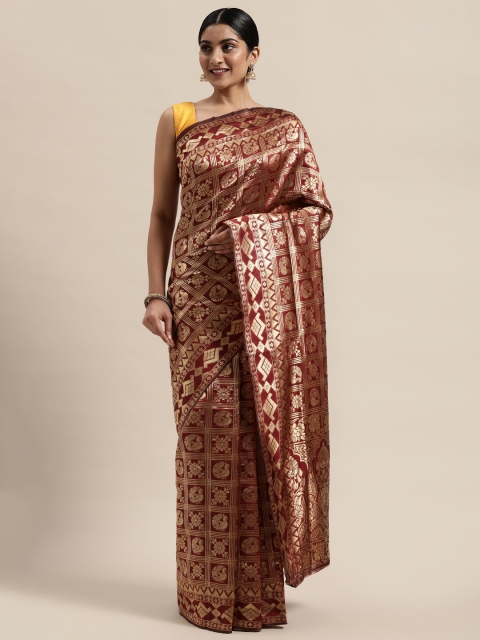 

PACHE Maroon & Gold-Toned Floral Zari Art Silk Banarasi Saree