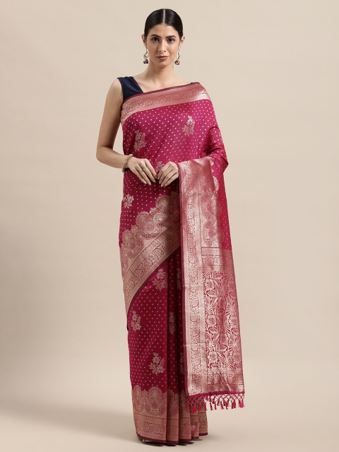 

PACHE Pink & Gold-Toned Floral Zari Art Silk Banarasi Saree