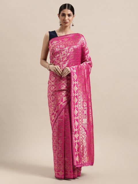 

PACHE Pink & Golden Ethnic Motifs Zari Art Silk Banarasi Saree
