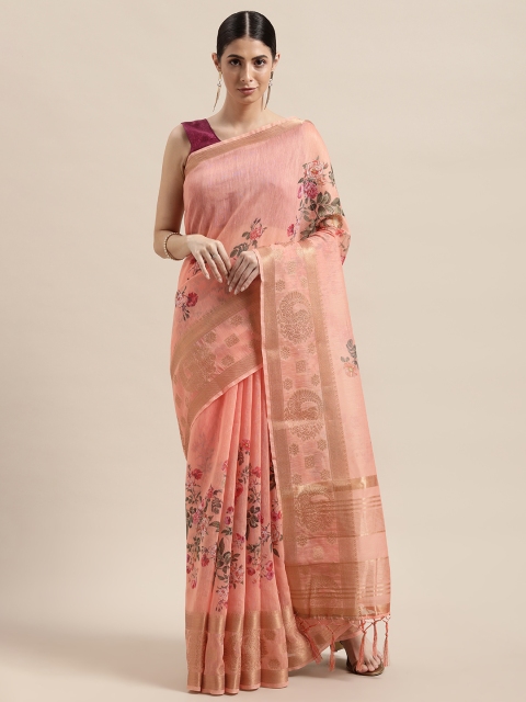 

PACHE Peach-Coloured & Green Floral Silk Cotton Chanderi Saree