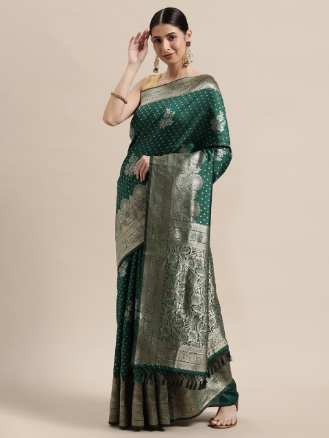 

PACHE Green & Silver-Toned Floral Zari Art Silk Banarasi Saree