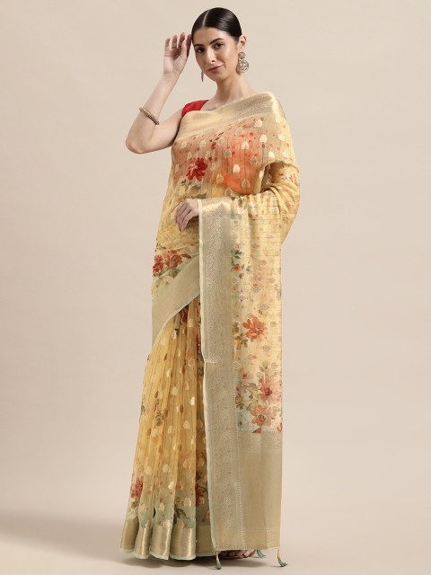 

PACHE Yellow Floral Silk Cotton Chanderi Saree