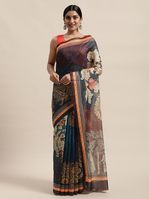 

PACHE Teal Blue & Orange Ethnic Motifs Printed Silk Cotton Chanderi Saree