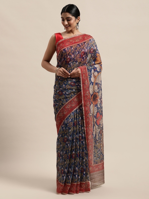 

PACHE Navy Blue & Yellow Floral Printed Silk Cotton Chanderi Saree
