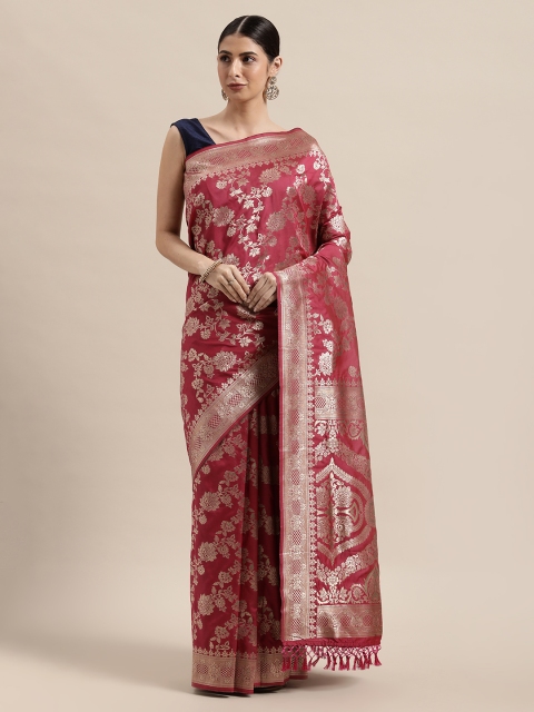 

PACHE Coral & Gold-Toned Floral Zari Art Silk Banarasi Saree