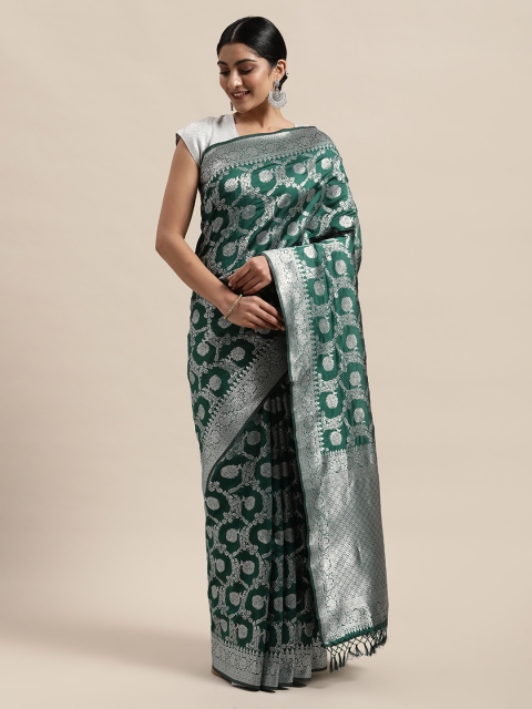 

PACHE Green & Silver-Toned Floral Zari Art Silk Banarasi Saree