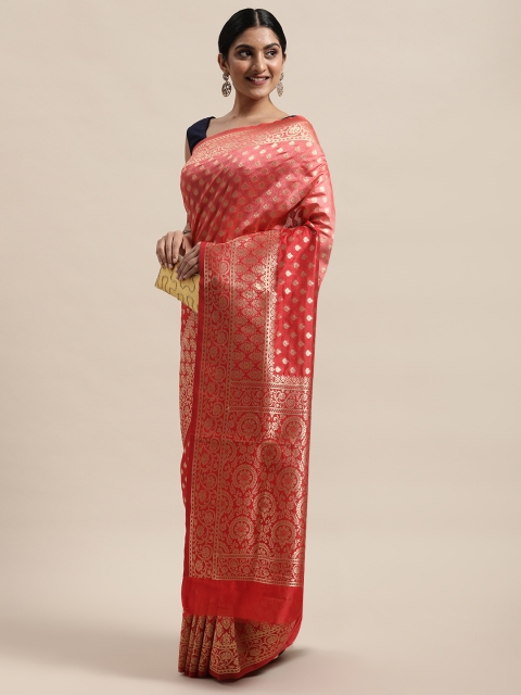 

PACHE Red & Gold-Toned Floral Zari Art Silk Kanjeevaram Saree