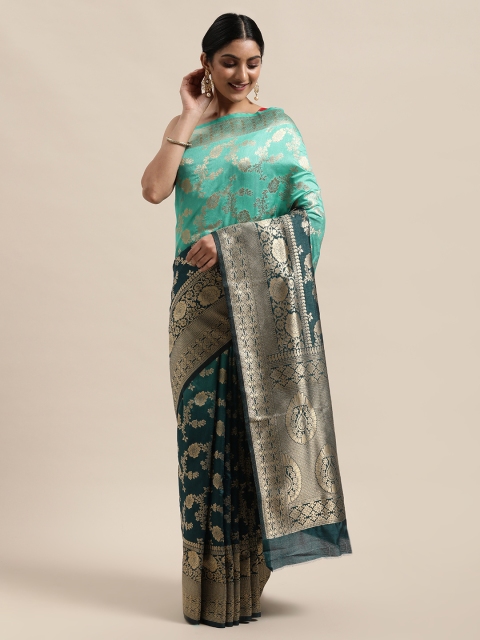 

PACHE Teal & Golden Floral Woven Design Zari Art Silk Half and Half Banarasi Saree