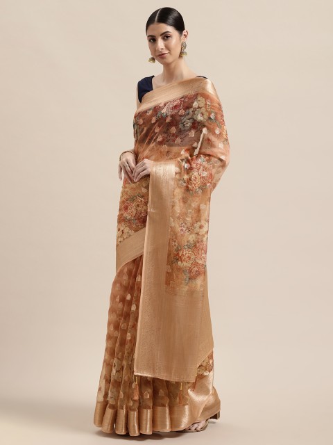 

PACHE Orange Floral Silk Cotton Chanderi Saree