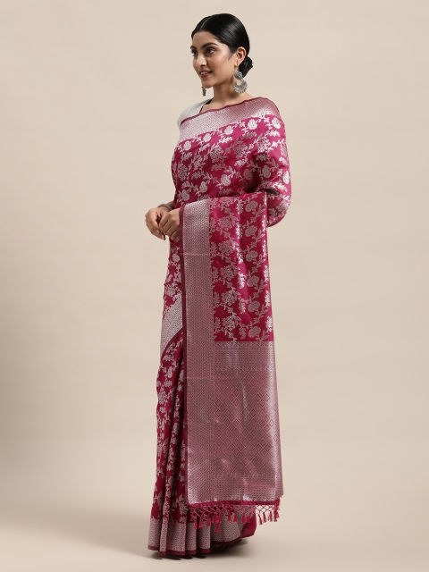 

PACHE Pink & Silver-Toned Floral Zari Art Silk Banarasi Saree