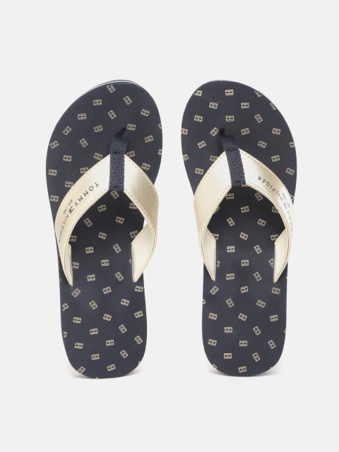 

Tommy Hilfiger Women Gold-Toned & Navy Brand Logo Print Thong Flip-Flops