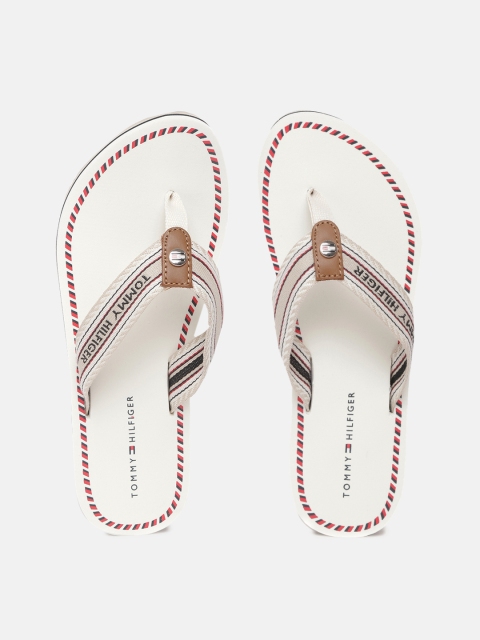 

Tommy Hilfiger Women Cream-Coloured & White Brand Logo Print Thong Flip-Flops