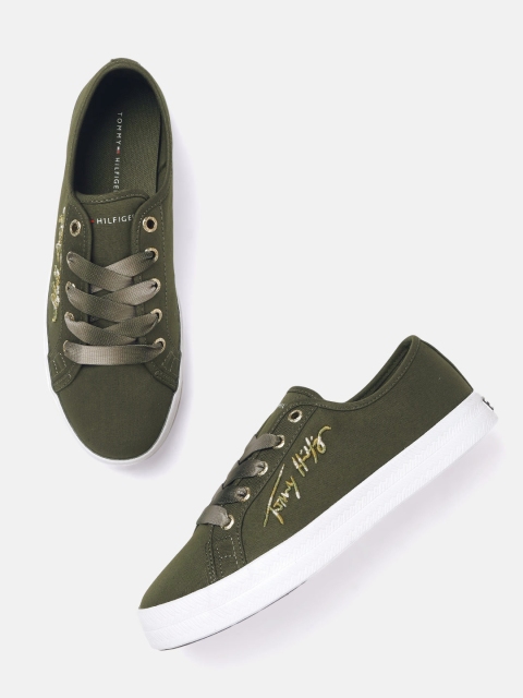 

Tommy Hilfiger Women Olive Green Solid Sneakers with Brand Logo Embroidered Detail
