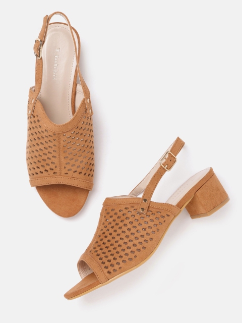 

Van Heusen Woman Tan Brown Laser-Cut Heeled Mules