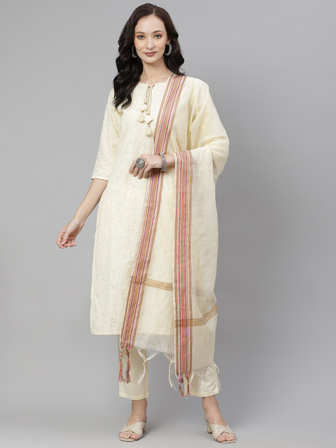 

Yuris Women Cream-Coloured Ethnic Motifs Embroidered Thread Work Pure Cotton Kurta with Trousers & With
