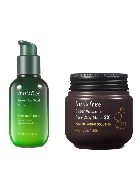 

Innisfree Set Of Green Tea Seed Serum & Super Volcanic Pore Clearing Clay Mask 2X