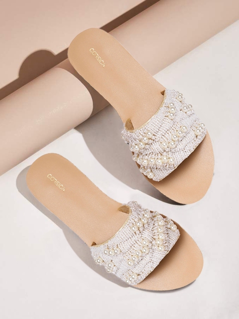 

CORSICA Women Off White Embellished Open Toe Flats with Pouch