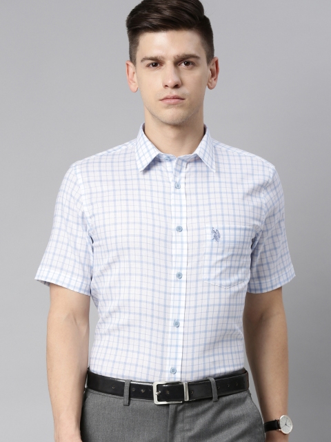 

U S Polo Assn Men White & Blue Checked Tailored Fit Formal Shirt