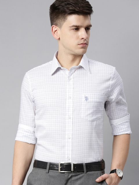 

U S Polo Assn Men White & Blue Checked Tailored Fit Casual Shirt