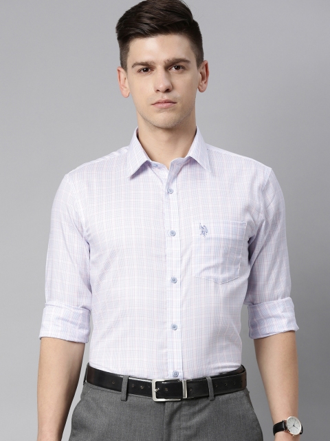 

U S Polo Assn Men White & Blue Checked Tailored Fit Formal Shirt