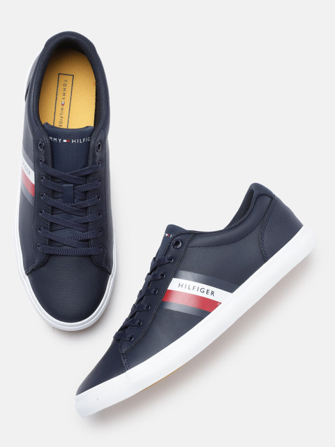 

Tommy Hilfiger Men Navy Blue Striped Leather Sneakers