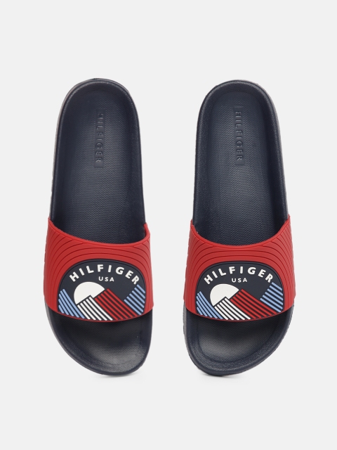 

Tommy Hilfiger Men Navy Blue and Red Self Design Sliders