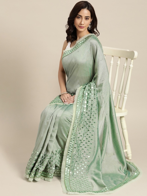 

all about you Green Mirror Work Saree with Frilled Border