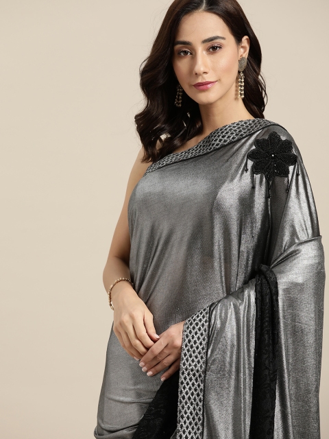 

all about you Silver & Black Silk Blend Saree