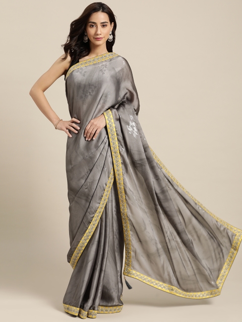 

all about you Grey Floral Printed Satin Saree