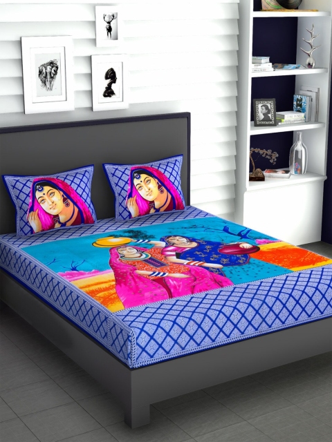

METRO LIVING Blue & Pink Printed 104 TC Cotton Queen Bedsheet with 2 Pillow Covers