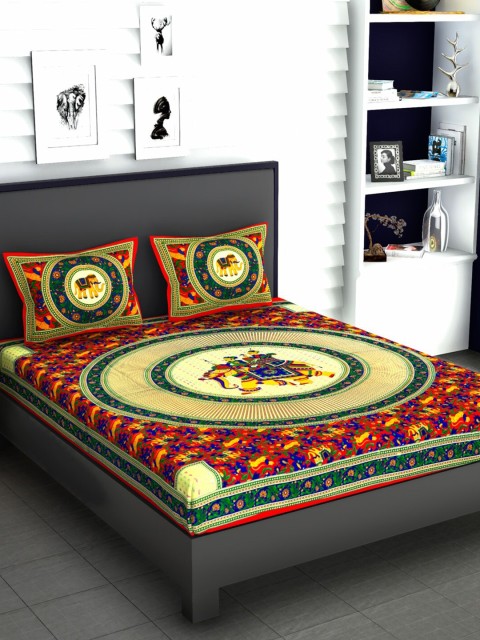 

METRO LIVING Red & Navy Blue Graphic 104 TC Queen Bedsheet with 2 Pillow Covers