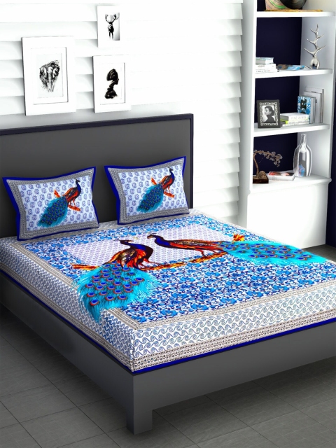 

METRO LIVING Blue & Red Graphic 104 TC Queen Bedsheet with 2 Pillow Covers