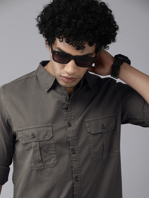 

Roadster Men Charcoal Opaque Pure Cotton Casual Shirt